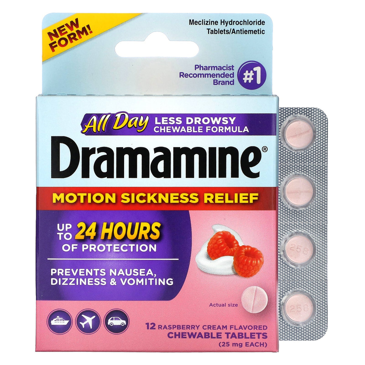 Dramamine, Motion Sickness Relief Chewable, Raspberry Cream, 25 mg, 12 Chewable Tablets