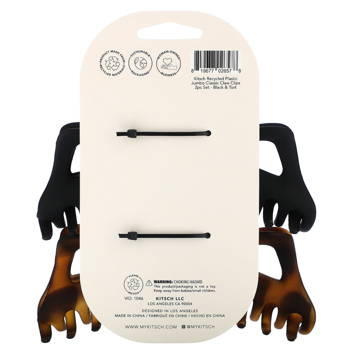 Kitsch, Jumbo Classic Claw Clips, Black & Tort, 2 Clips
