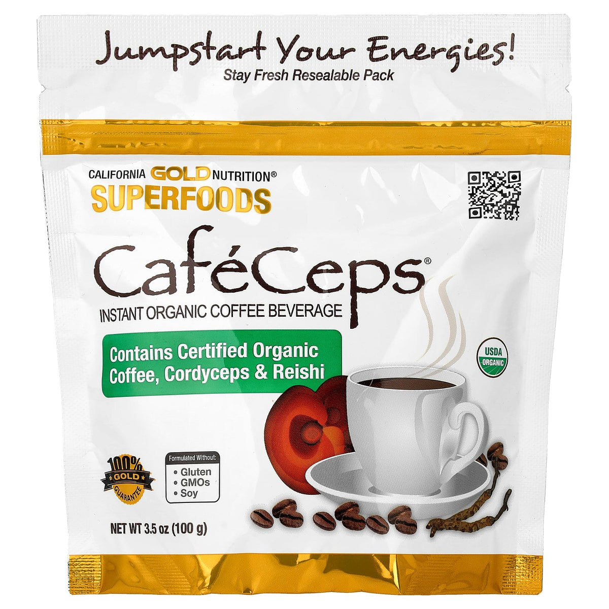 California Gold Nutrition, CafeCeps®, Certified Organic Instant Coffee with Full-Spectrum, Organic Cordyceps and Reishi Mushroom Powder, 3.5 oz (100 g)