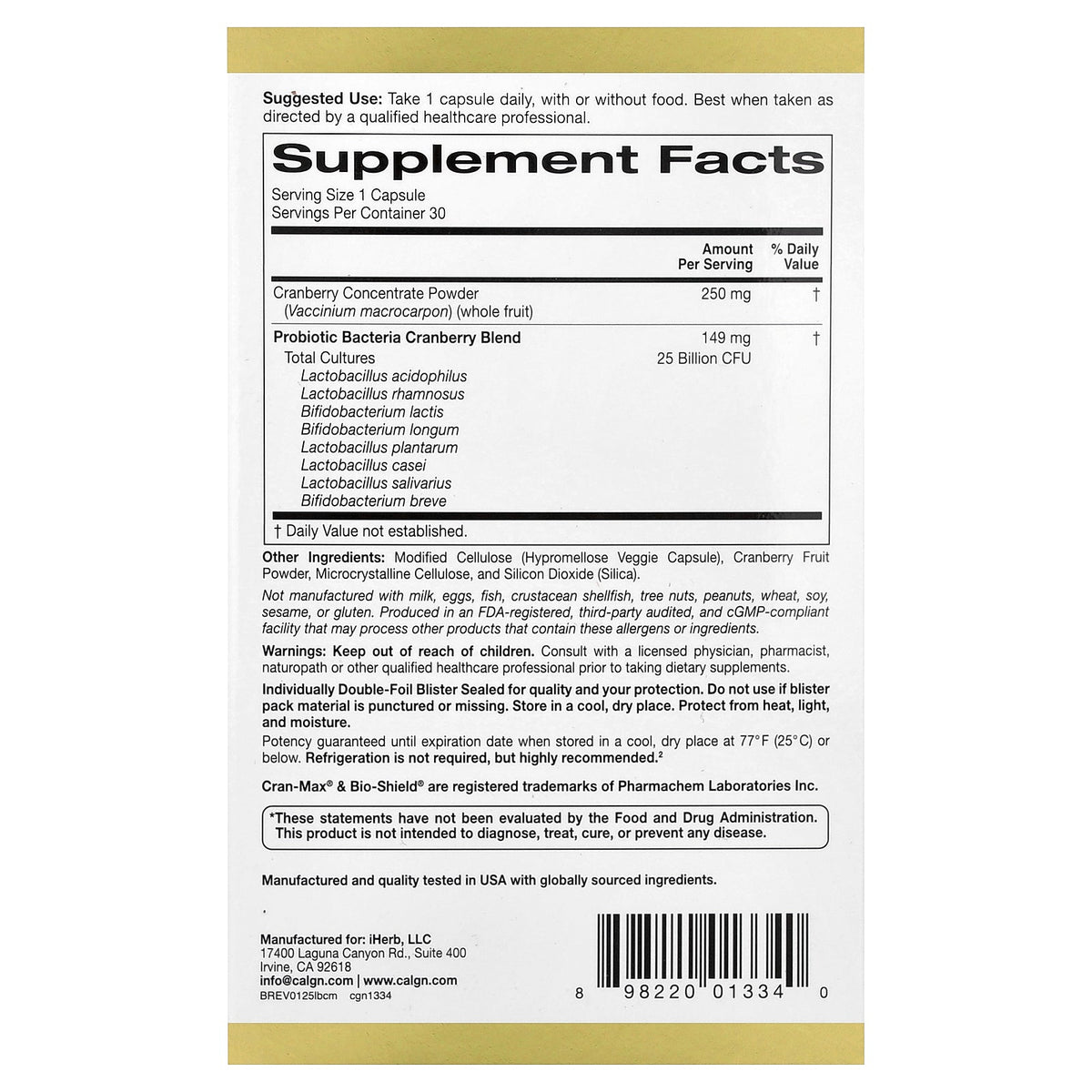 California Gold Nutrition, CranMax® LactoBif® Probiotics, 25 Billion CFU, 30 Veggie Capsules