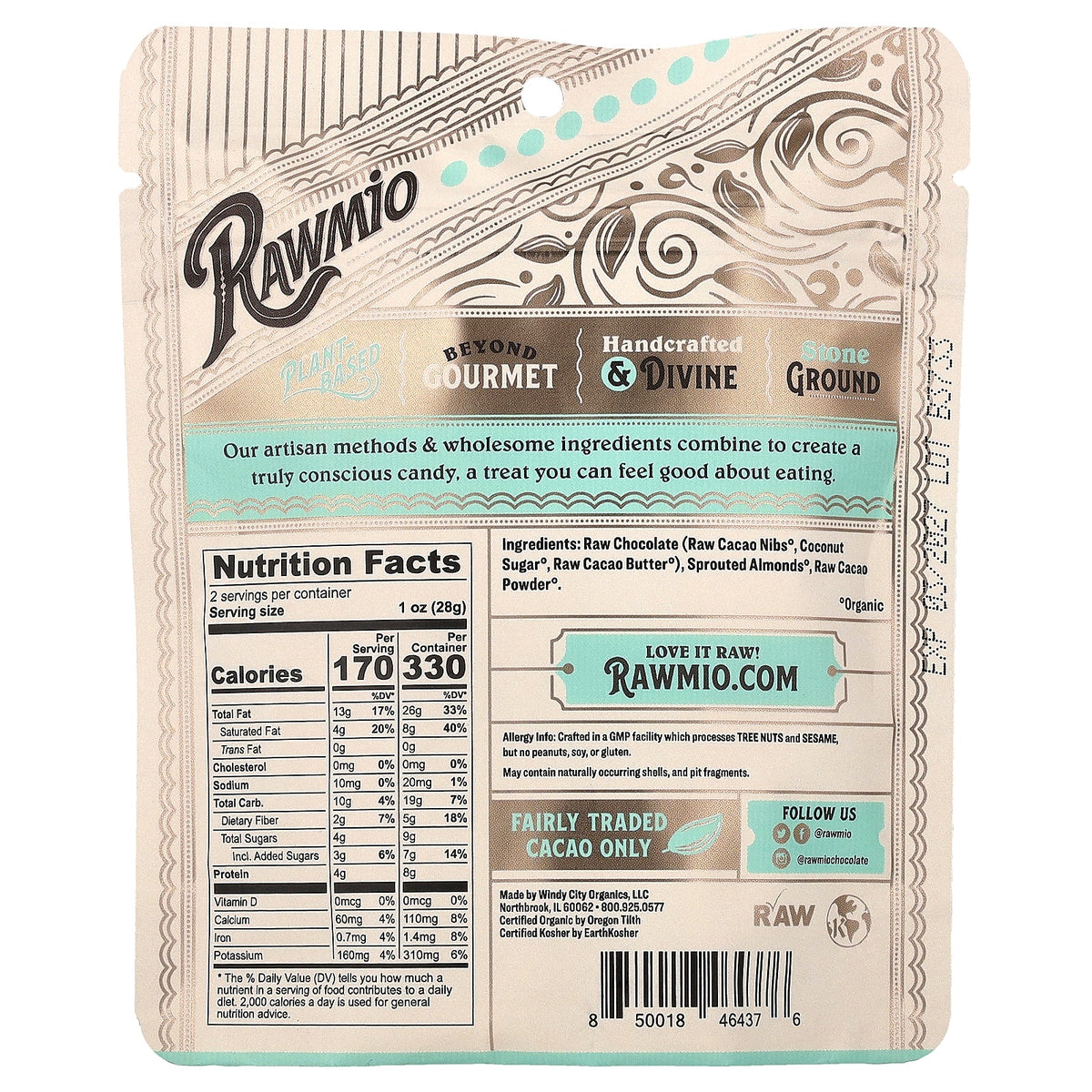 Rawmio, Chocolate Covered Sprouted Almonds, 2 oz (56.7 g)