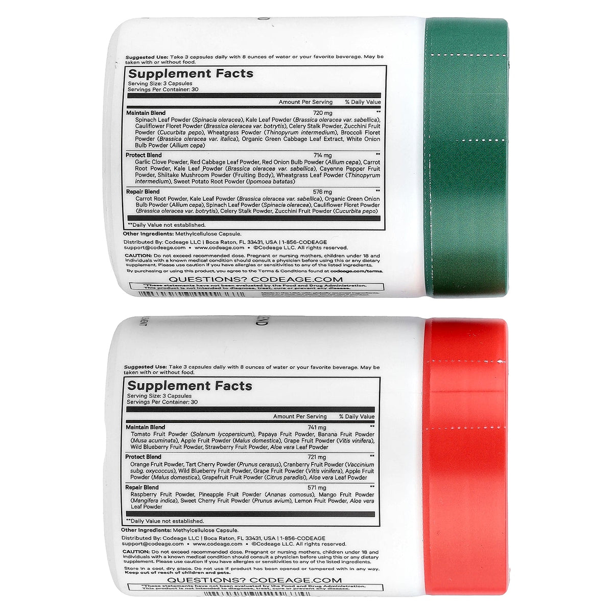 Codeage, Easy Veggies Daily Veggie Blend / Fast Fruits Daily Fruit Blend, 2 Bottles, 90 Capsules Each