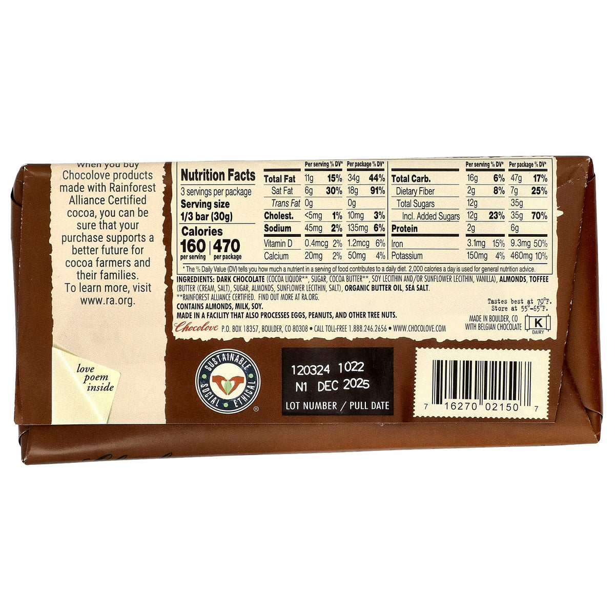 Chocolove, Almonds, Toffee & Sea Salt in Dark Chocolate, 55% Cocoa, 3.2 oz (90 g)
