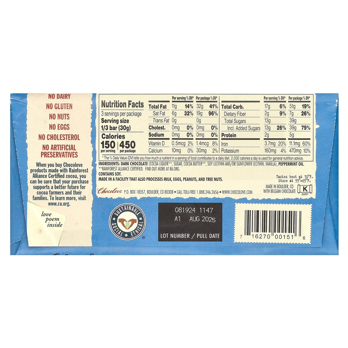 Chocolove, Peppermint in Dark Chocolate, 55% Cocoa, 3.2 oz (90 g)