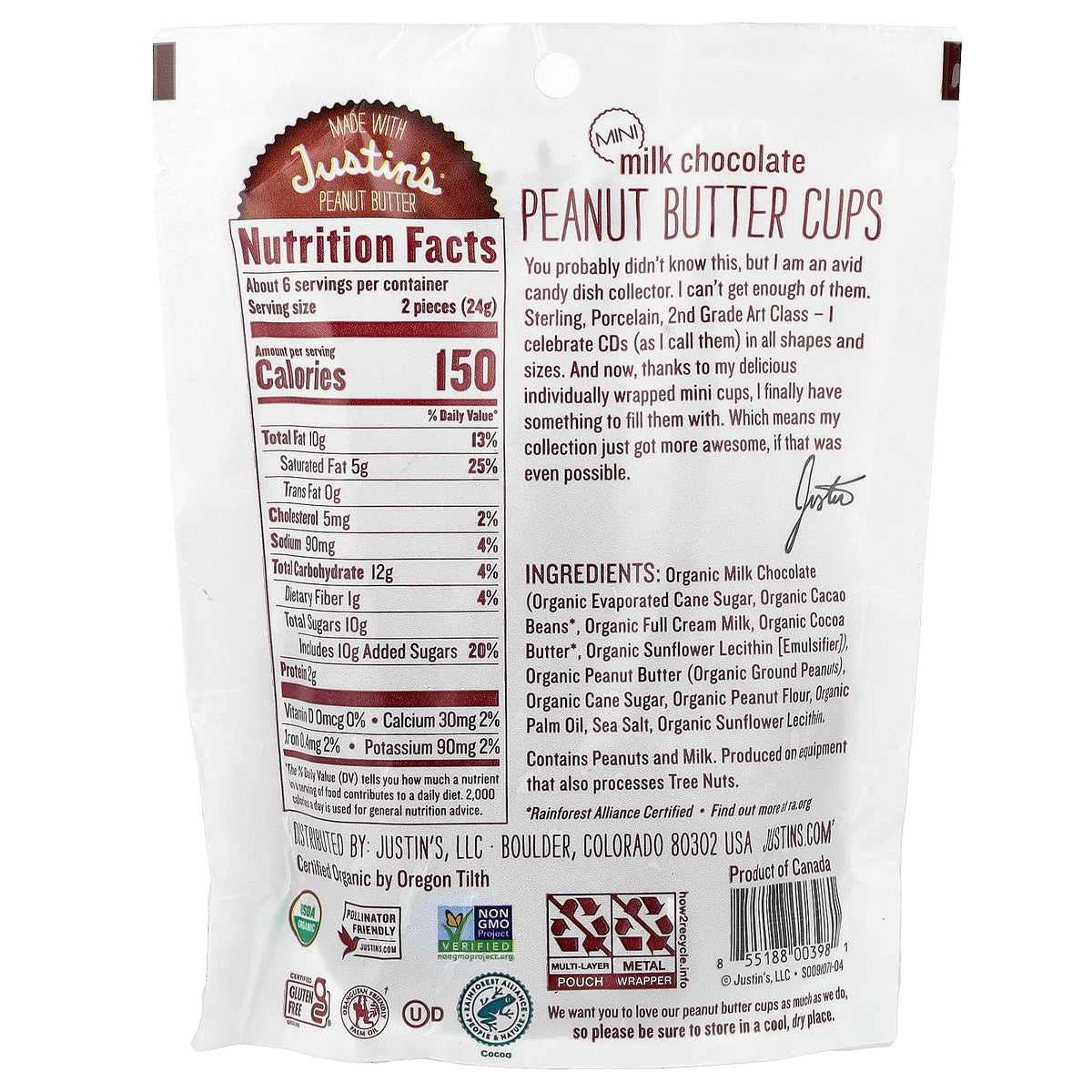 Justin's Nut Butter, Organic Mini Milk Chocolate Peanut Butter Cups, 4.7 oz (133 g)