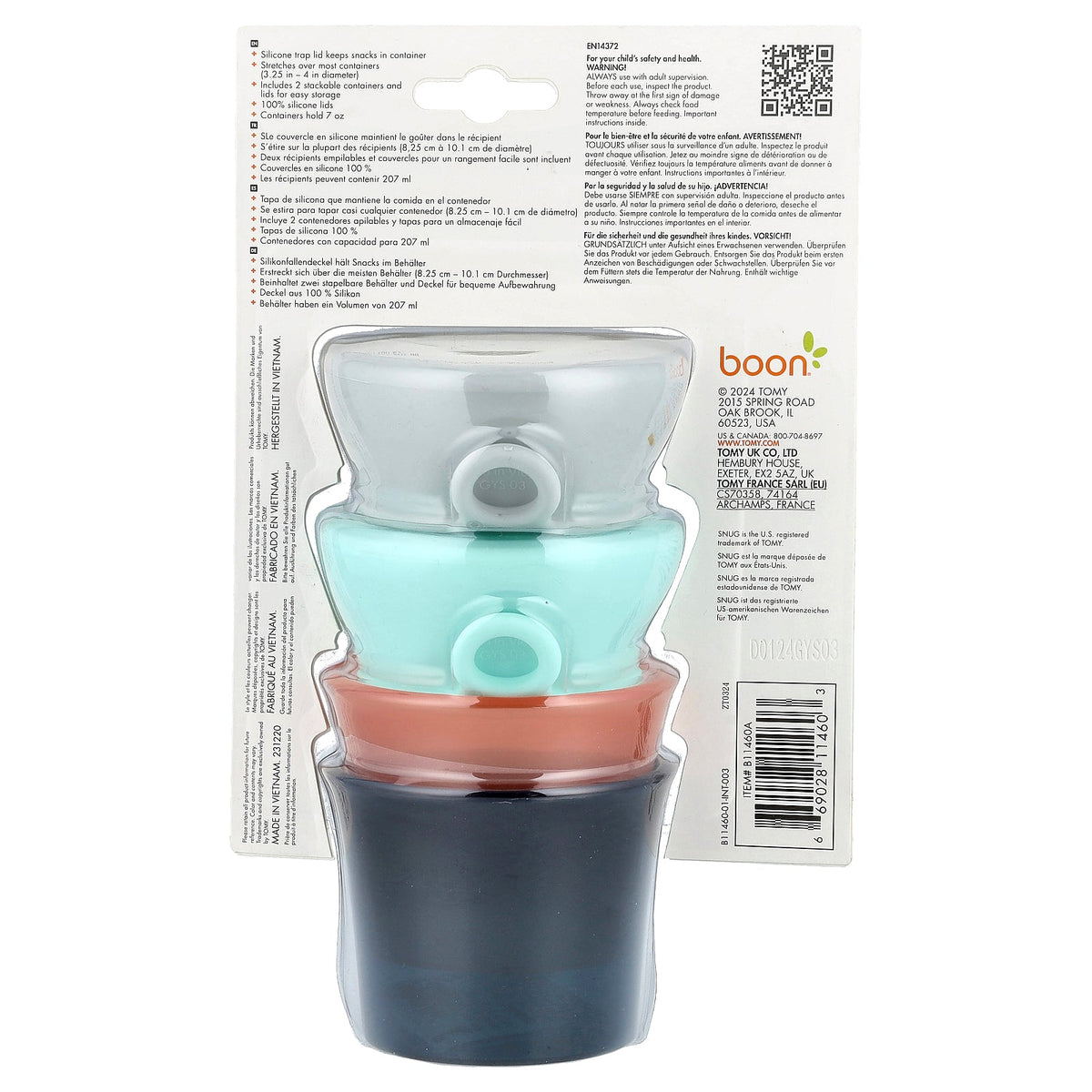 Boon, Snug Snack®, Universal Silicone Snack Lid with Cup, 9m+, 2 Cups & 2 Lids, 7 oz (207 ml) Each