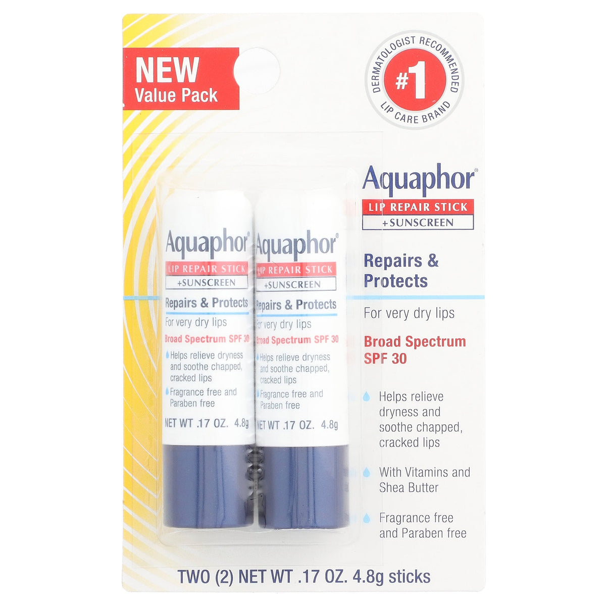 Aquaphor, Lip Repair Stick + Sunscreen, SPF 30, Fragrance Free, 2 Sticks, 0.17 oz (4.8 g) Each