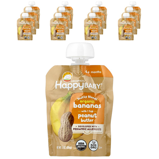 Happy Family Organics, Happy Baby®, Nutty Blends™, 6+ Months, Organic Bananas with 1 tsp Peanut Butter, 12 Pouches, 3 oz (85 g) Each