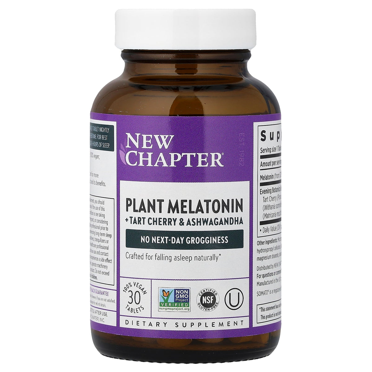 New Chapter, Plant Melatonin + Tart Cherry & Ashwagandha, 30 Vegan Tablets