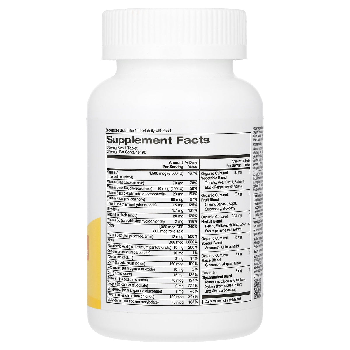 Super Nutrition, SimplyOne®, Whole Food Multivitamin with Vitamin A, C, Minerals, and Enzymes, 90 Tablets