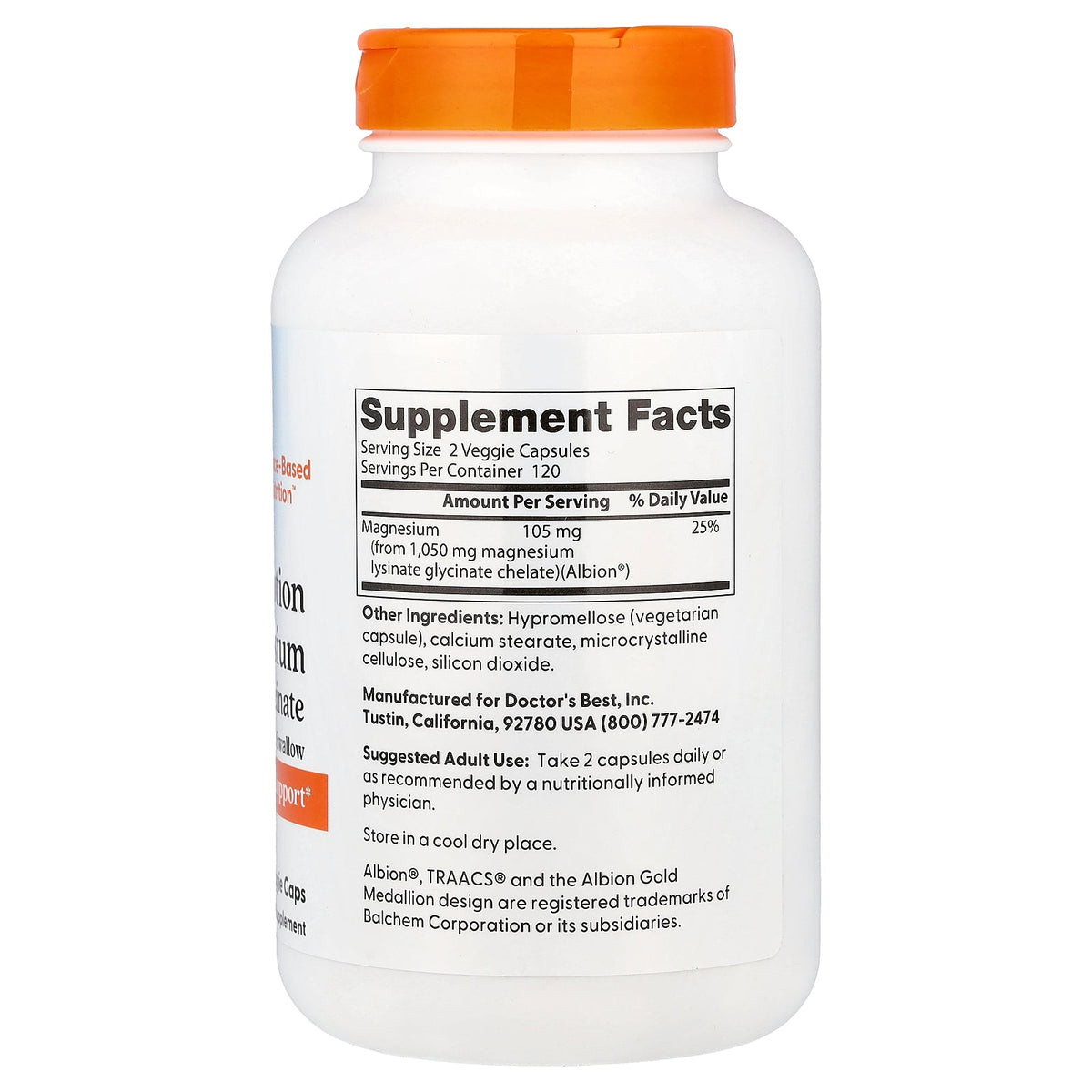 Doctor's Best, Magnesium Lysinate Glycinate, High Absorption, 240 Veggie Caps (52.5 mg per Capsule)