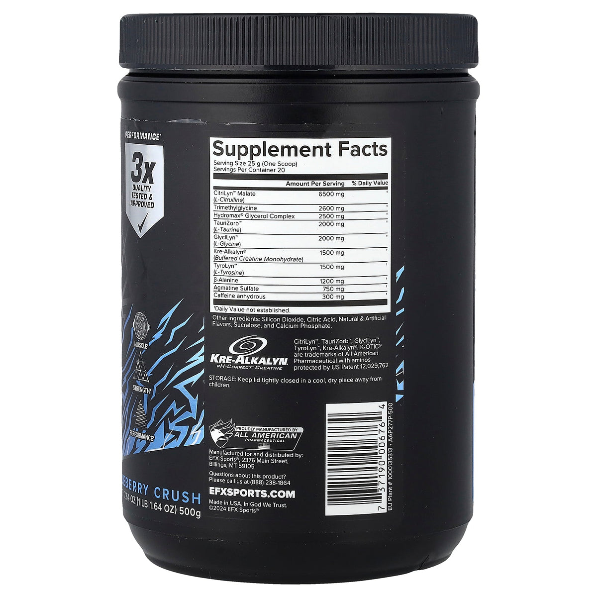 EFX Sports, K-otic® Pre-Workout, Blueberry Crush, 1 lb 1.64 oz (500 g)