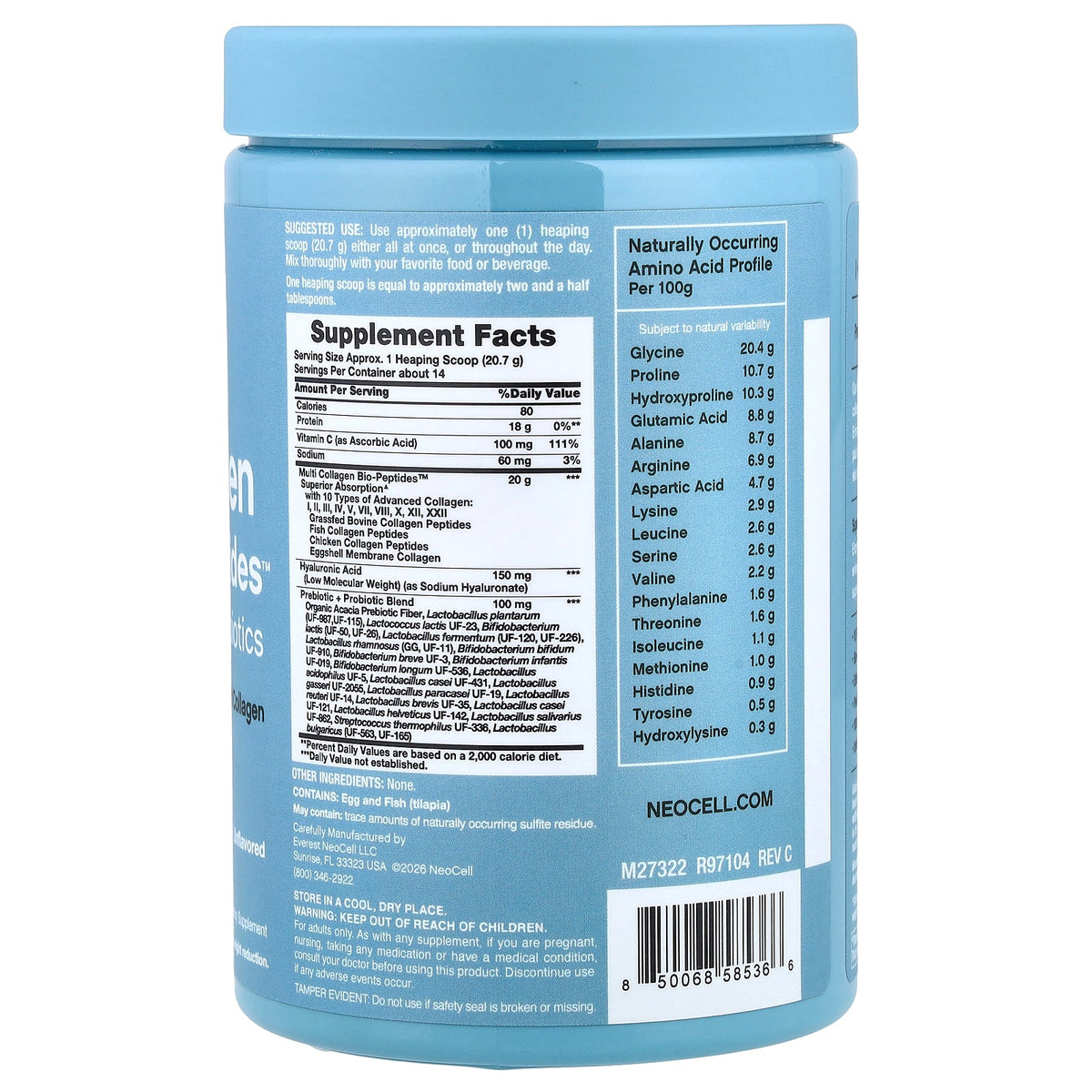 NeoCell, Multi Collagen Bio-Peptides™ Protein + Probiotics, Unflavored, 10 oz (283 g)