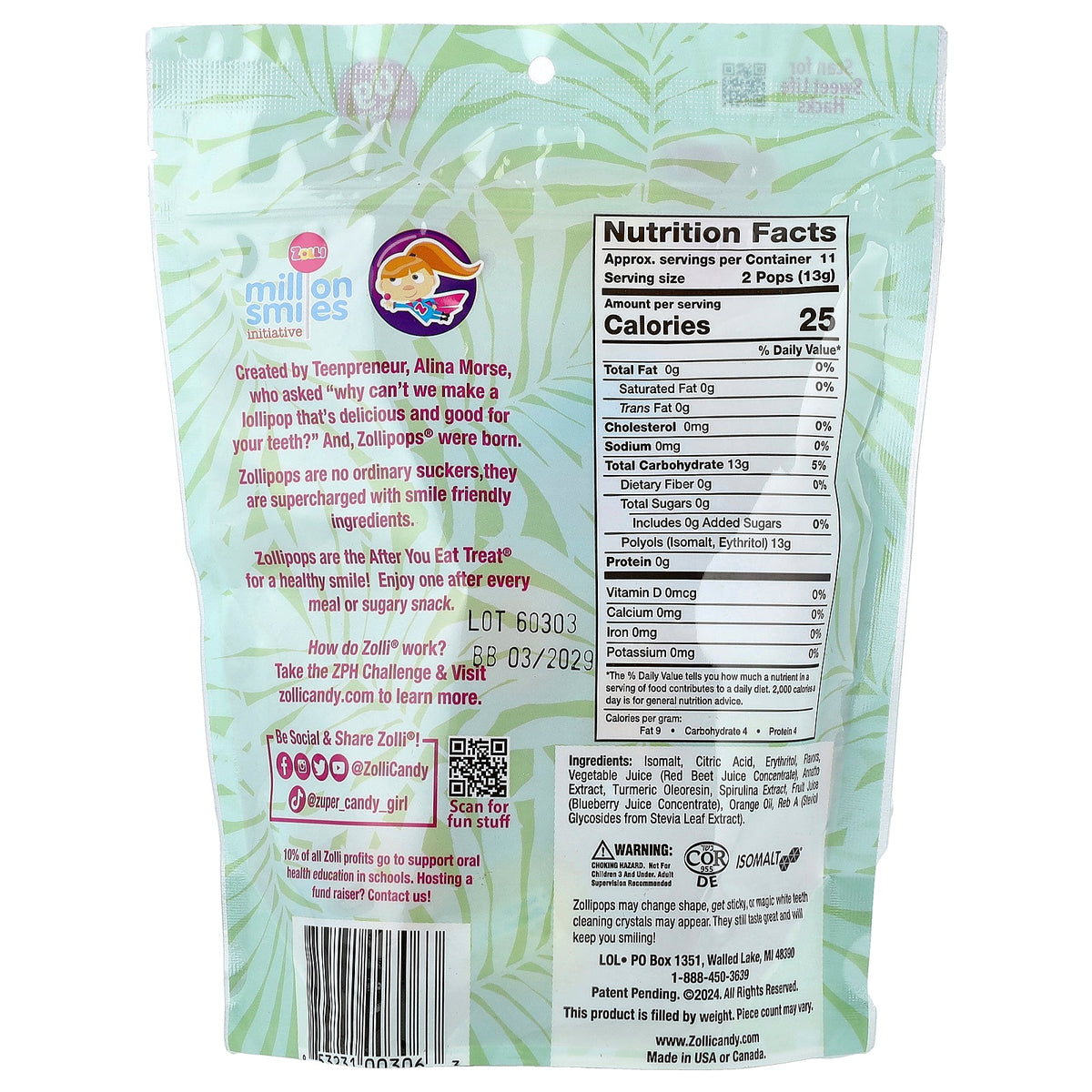 Zollipops, The Clean Teeth Pops, Tropical Fruit, Approx. 22-24 Pops, 5.2 oz (147 g)