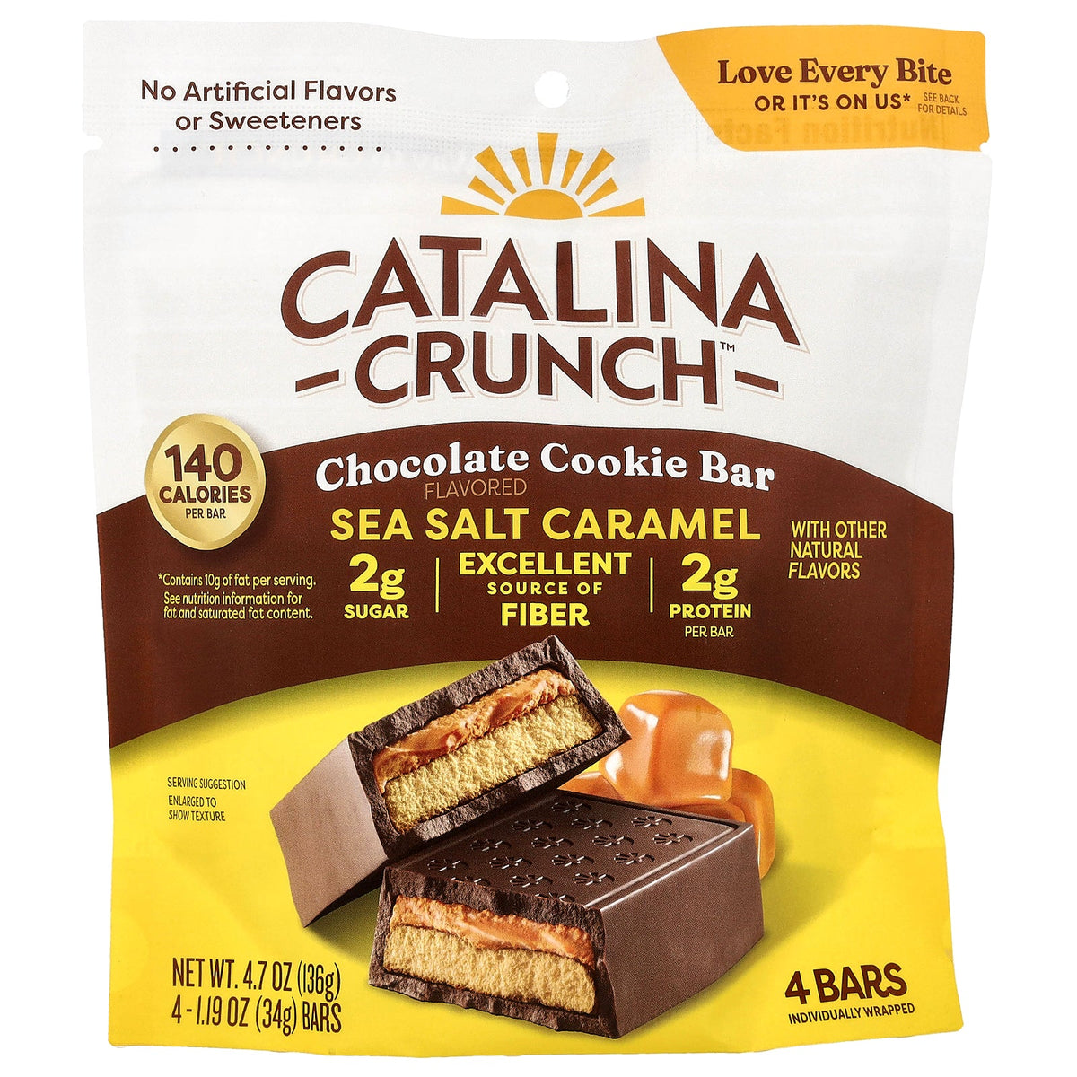 Catalina Crunch, Chocolate Cookie Bar, Sea Salt Caramel, 4 Bars, 1.19 oz (34 g) Each