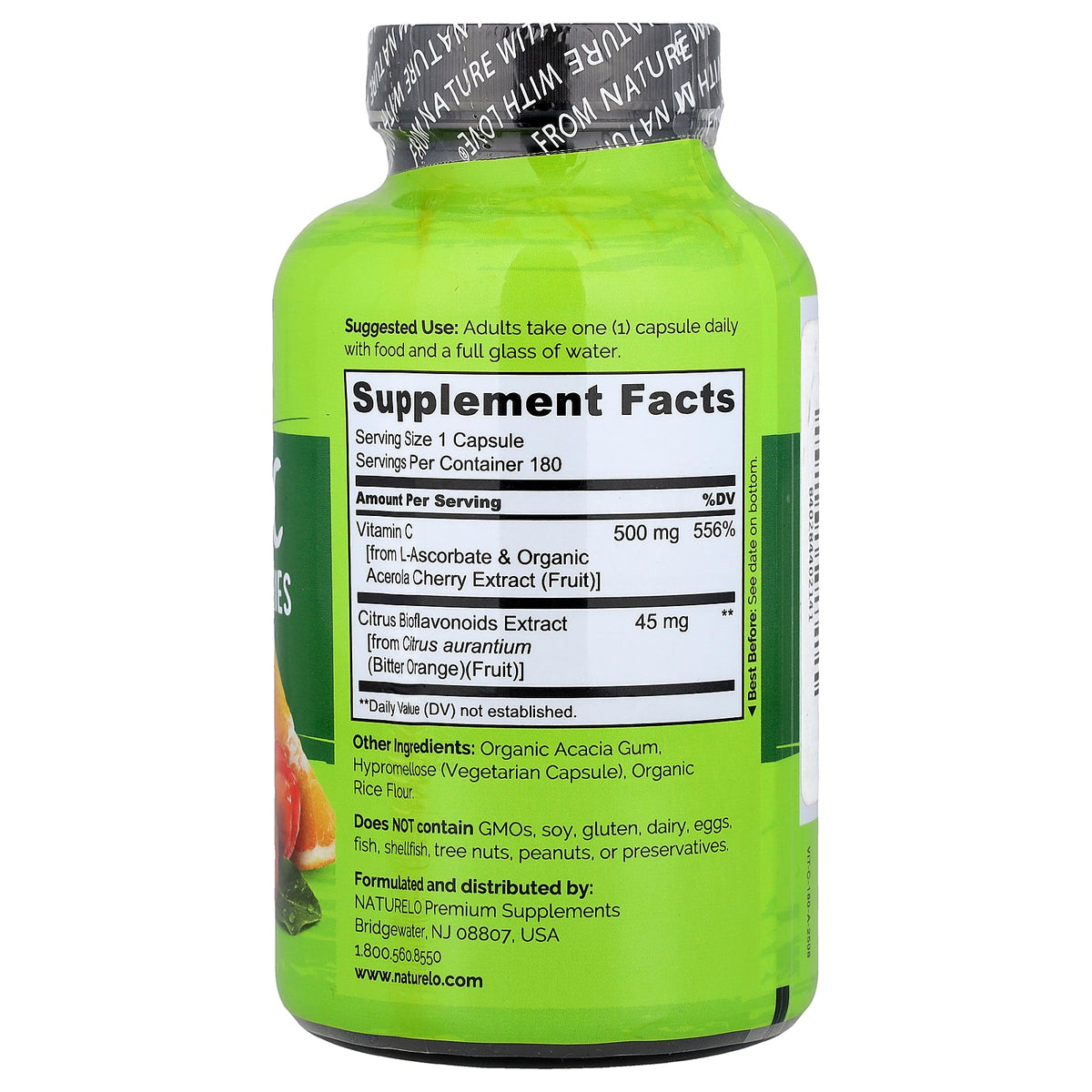 NATURELO, Vitamin C With Acerola Cherries Plus Citrus Bioflavonoids, 180 Vegetarian Capsules