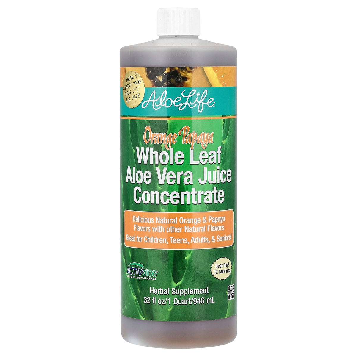 Aloe Life, Whole Leaf Aloe Vera Juice Concentrate, Orange Papaya, 32 fl oz (946 ml)