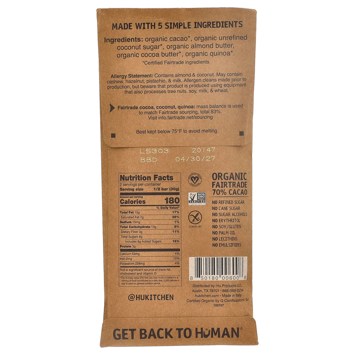 Hu, Almond Butter + Puffed Quinoa Dark Chocolate, 2.1 oz (60 g)