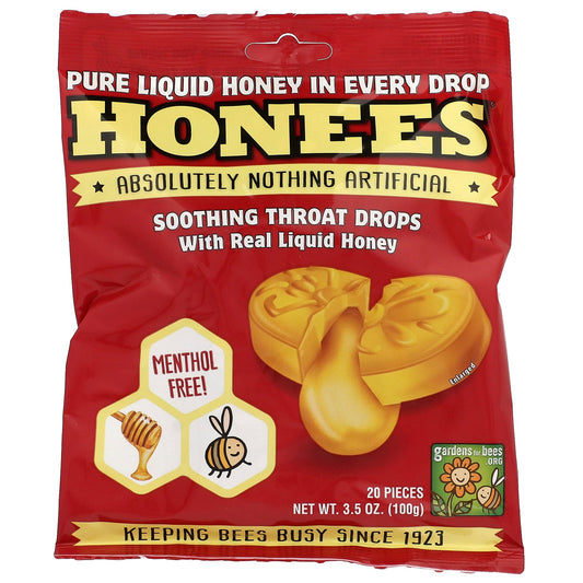 Honees, Soothing Throat Drops with Real Liquid Honey, 20 Pieces, 3.5 oz (100 g)