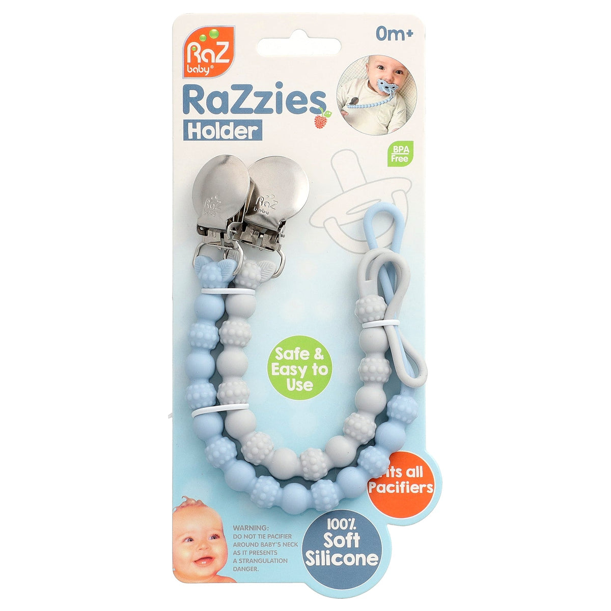 RaZbaby, RaZzies Pacifier Holder, 0m+, Blue/Grey, 2 Holders