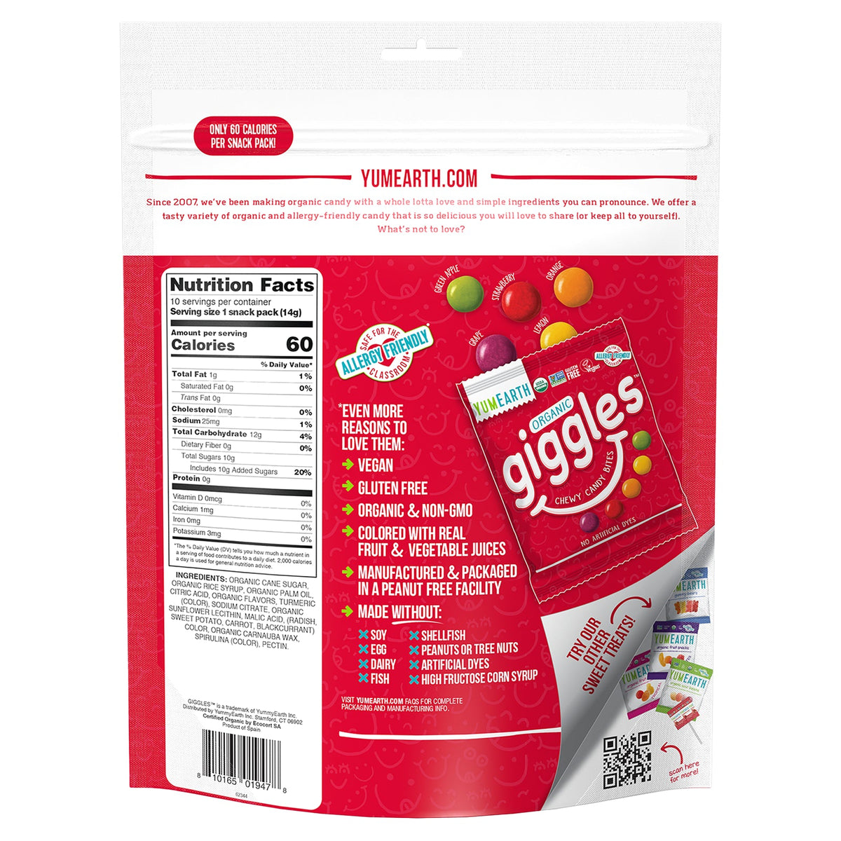 YumEarth, Organic Giggles, Chewy Candy Bites, 10 Snack Packs, 0.5 oz (14 g) Each