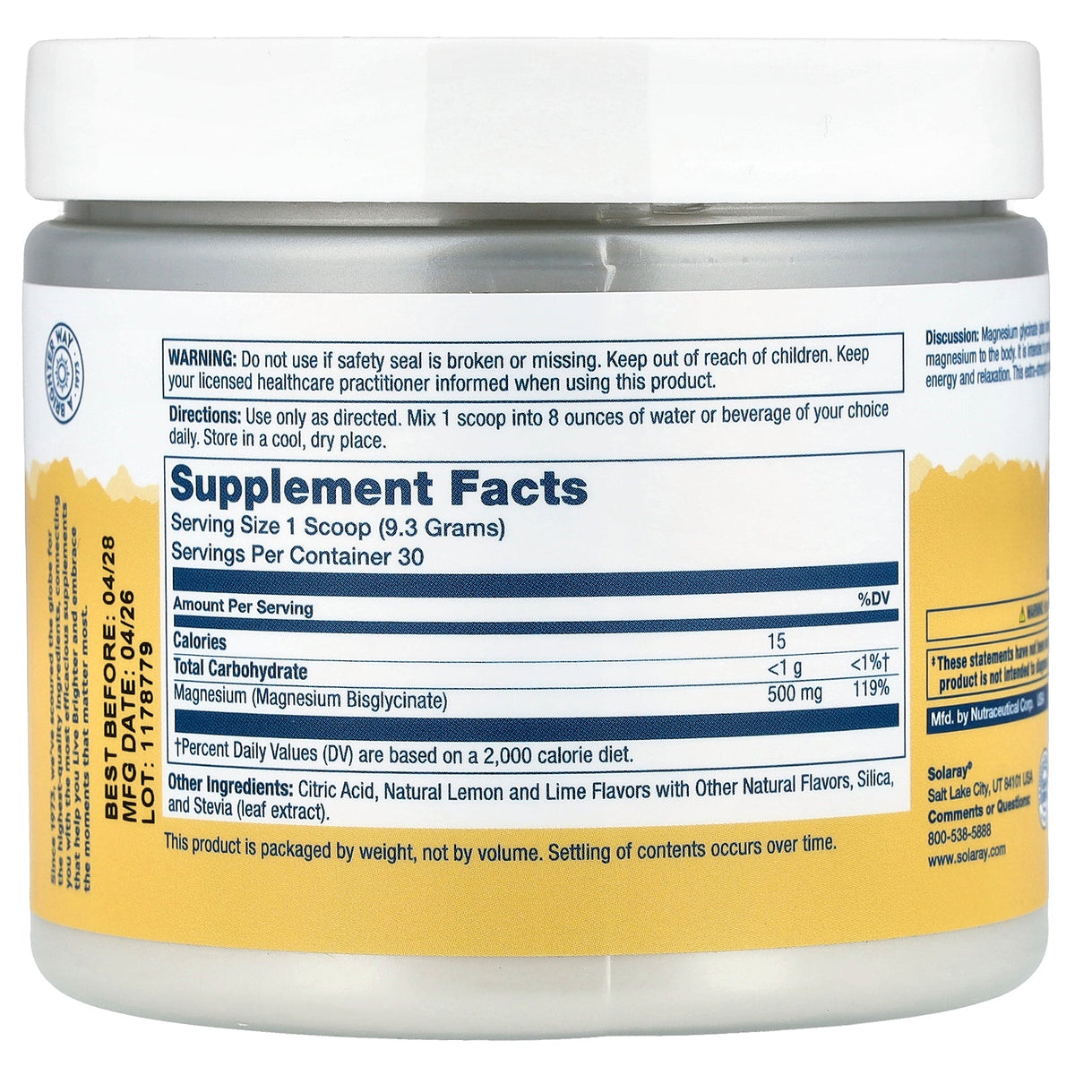 Solaray, Magnesium Glycinate, Natural Lemon Lime, 9.9 oz (280 g)