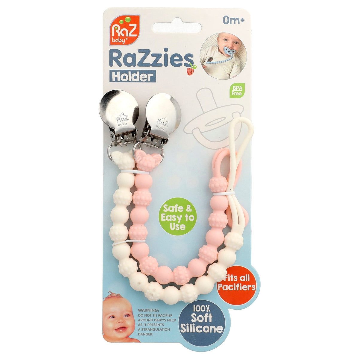 RaZbaby, RaZzies Pacifier Holder, 0m+, Pink/Beige, 2 Holders
