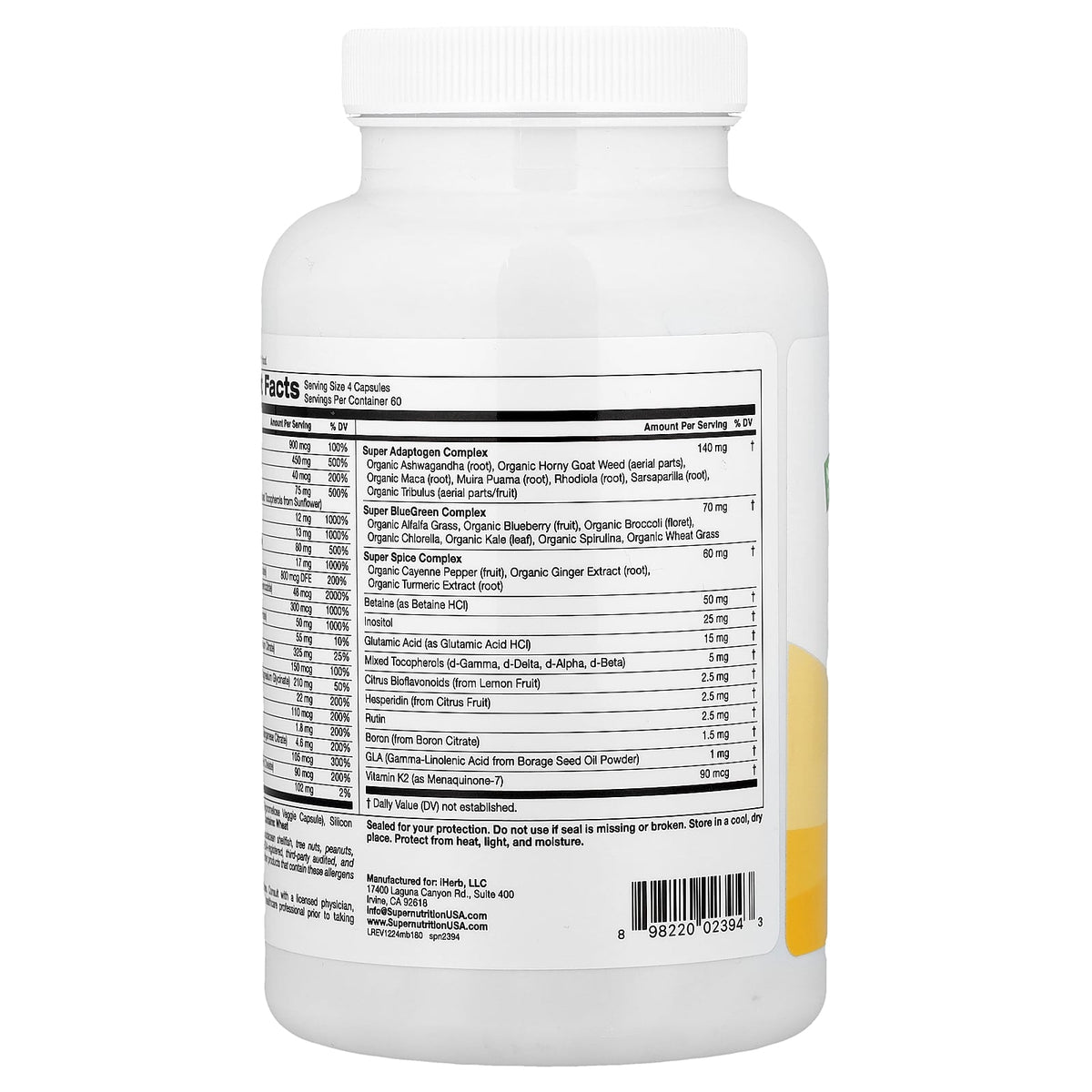 Super Nutrition, Men's Multivitamin with Super Adaptogen Complex, Super BlueGreen Complex, and Super Spice Complex, Iron Free, 240 Veggie Capsules