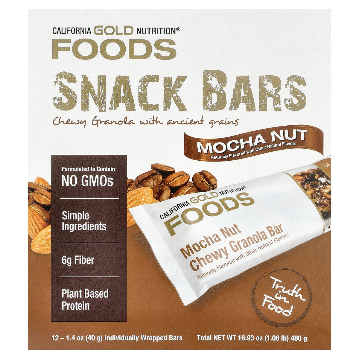 California Gold Nutrition, Foods, Mocha Nut Chewy Granola Bars, 12 Bars, 1.4 oz (40 g) Each