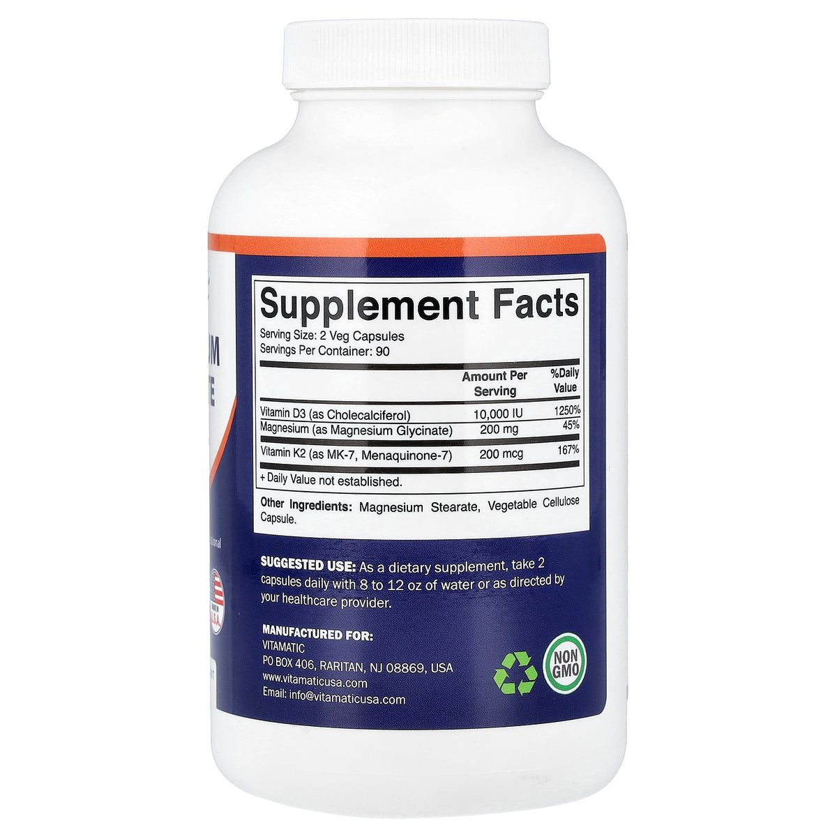 Vitamatic, Magnesium Glycinate D3 + K2, 180 Vegetable Capsules