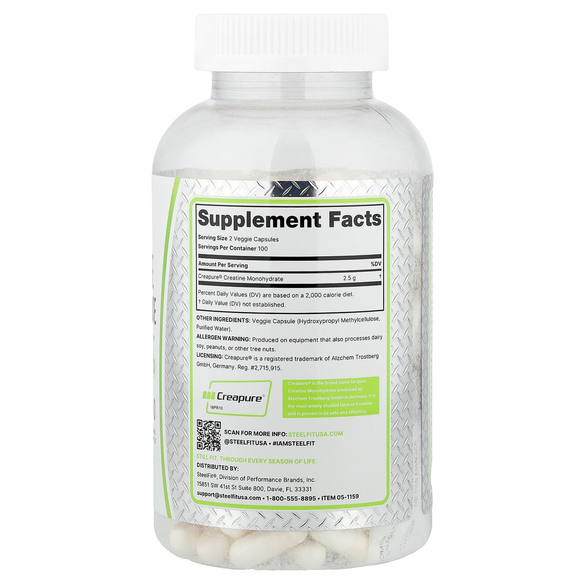 SteelFit, Creatine Monohydrate, 200 Veggie Capsules (1,250 mg per Capsule)