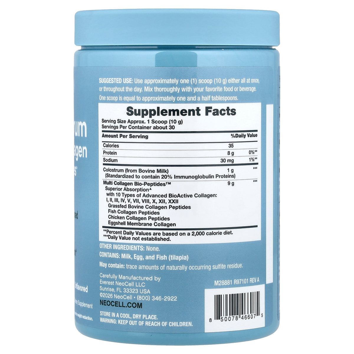 NeoCell, Colostrum Multi Collagen, Bio-Peptides™ Protein, Unflavored, 10.58 oz (300 g)