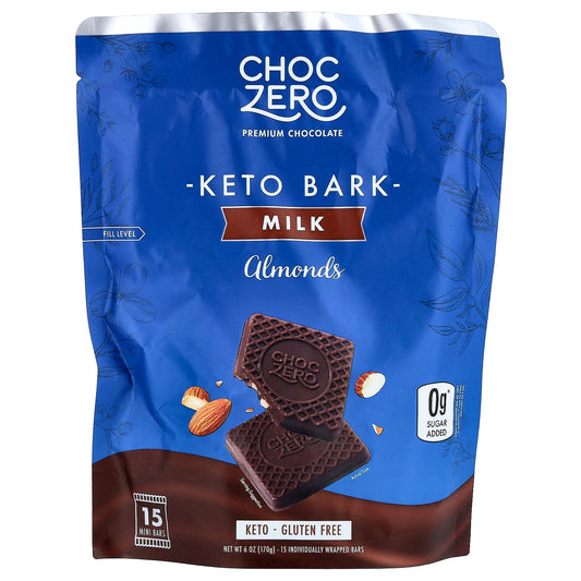 ChocZero, Keto Bark, Milk Chocolate, Almond, 15 Mini Bars, 6 oz (170 g)