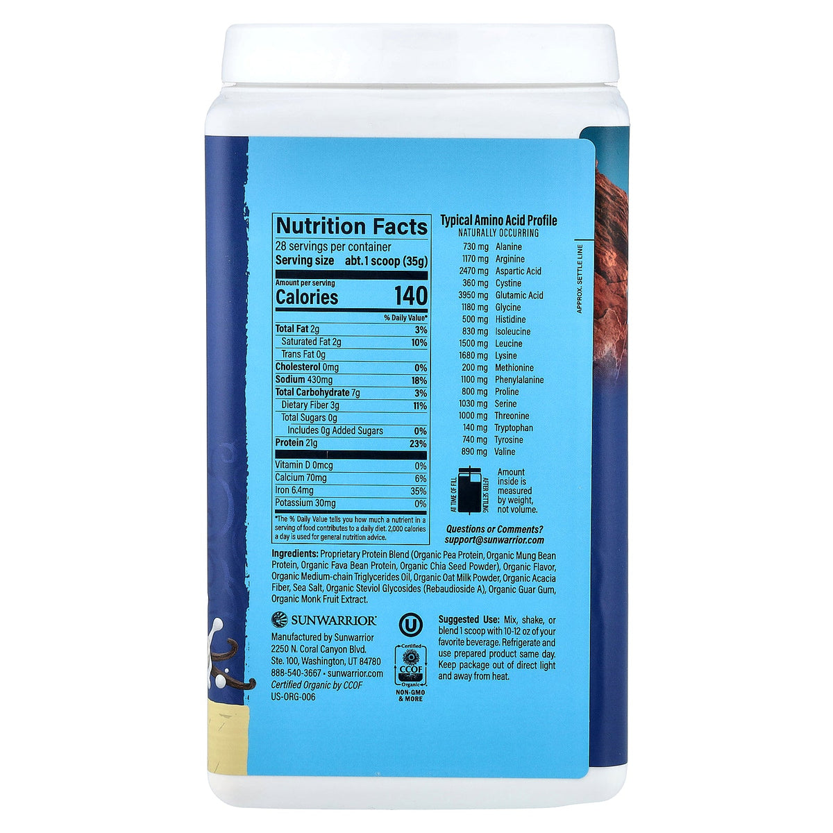 Sunwarrior, Plant Based Organic Protein, Vanilla, 2.19 lb (993.8 g)