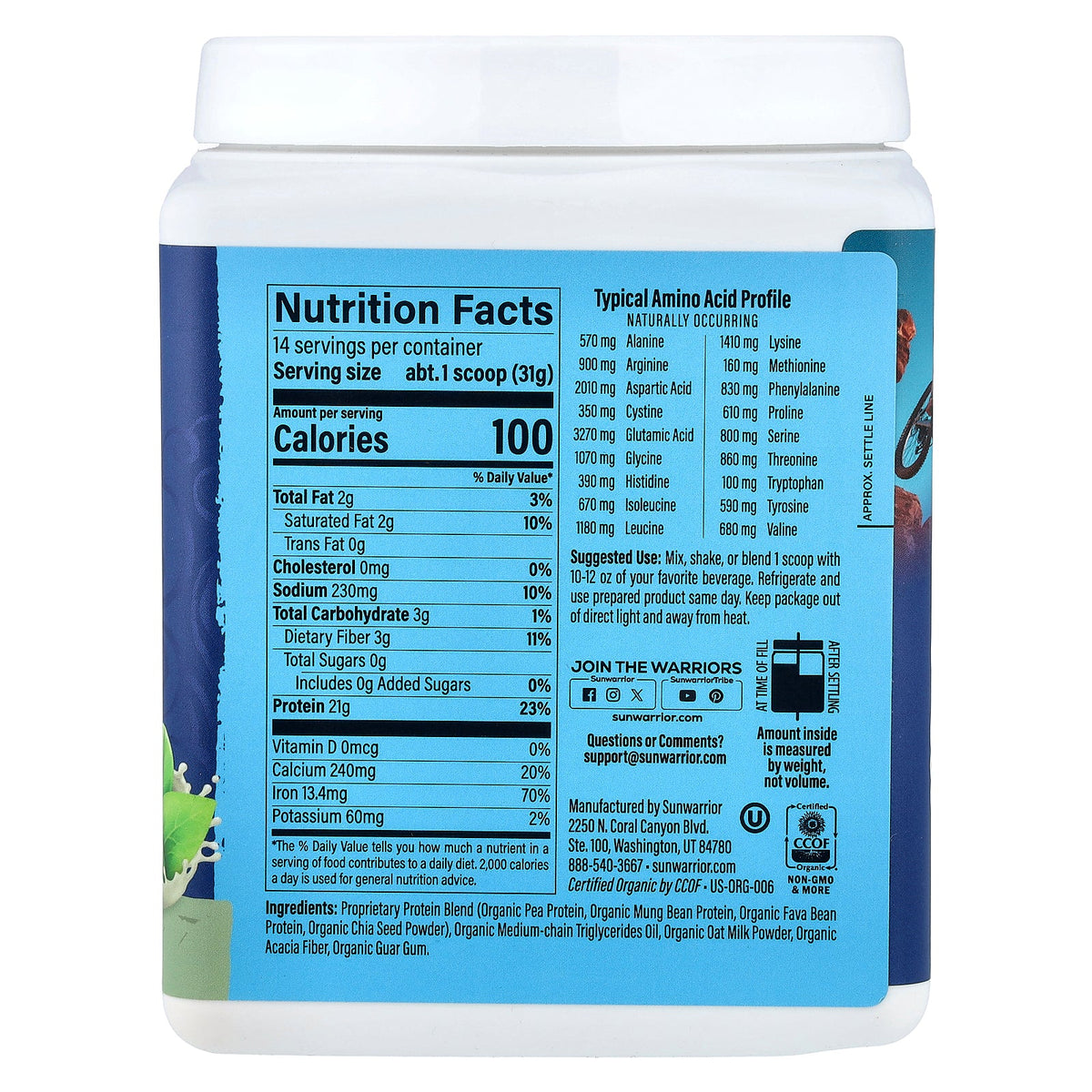 Sunwarrior, Plant Based Organic Protein, Unflavored, 15.07 oz (427.4 g)