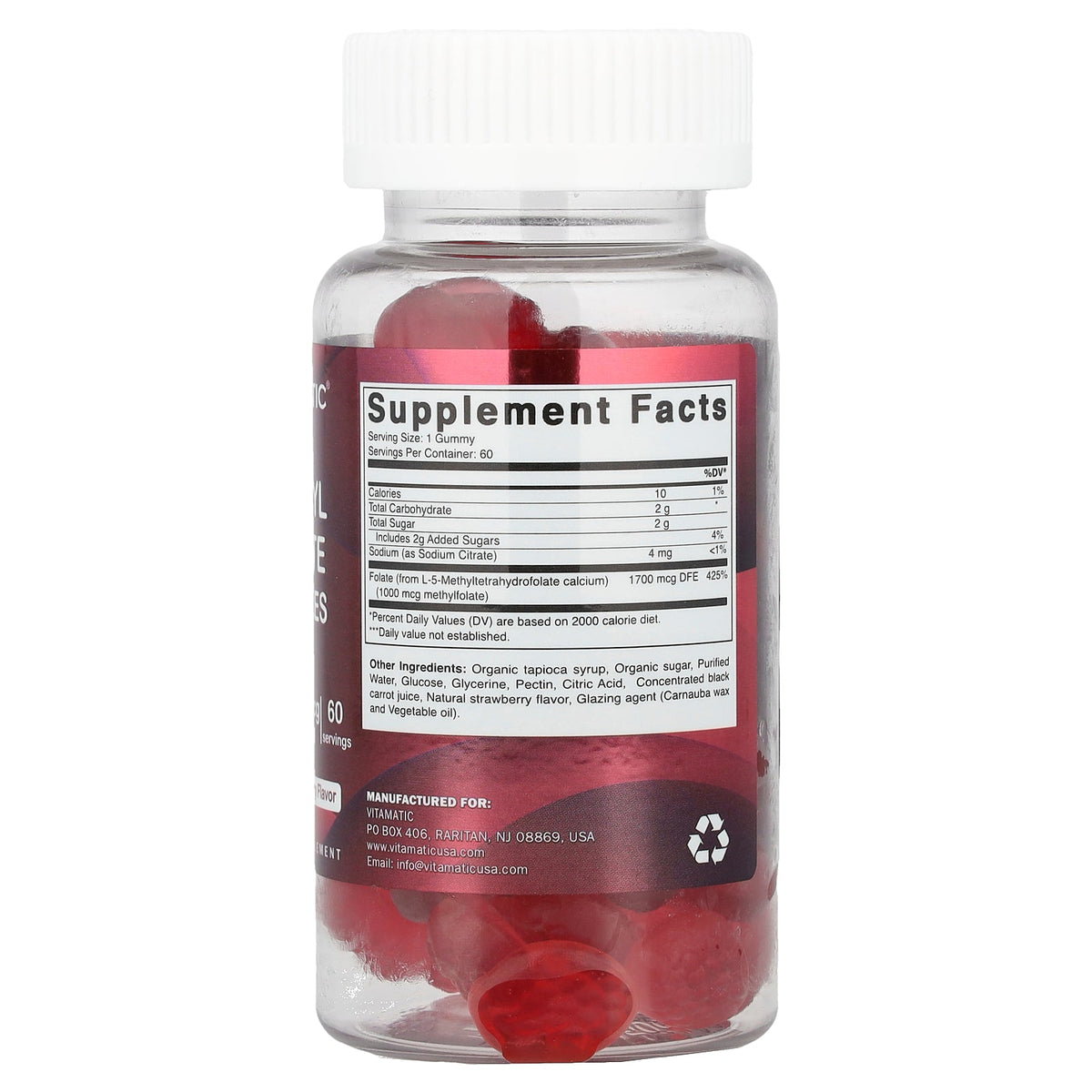 Vitamatic, Methyl Folate Gummies, Natural Strawberry, 1,000 mcg, 60 Gummies