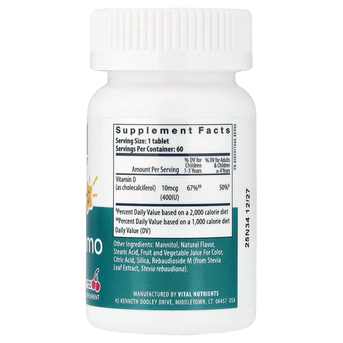 Vital Nutrients, Kids, D3 Dynamo, Cherry, 60 Meltable Tablets (10 mcg per Tablet)