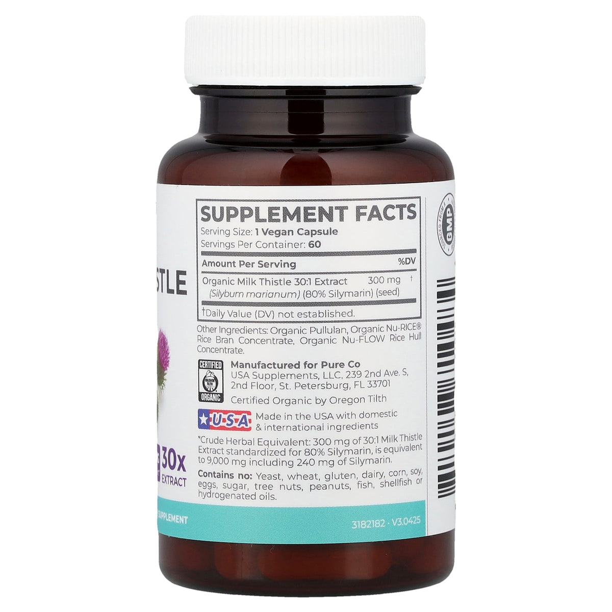 Pure Co., Organic Milk Thistle, 60 Vegan Capsules (300 mg per Capsule)