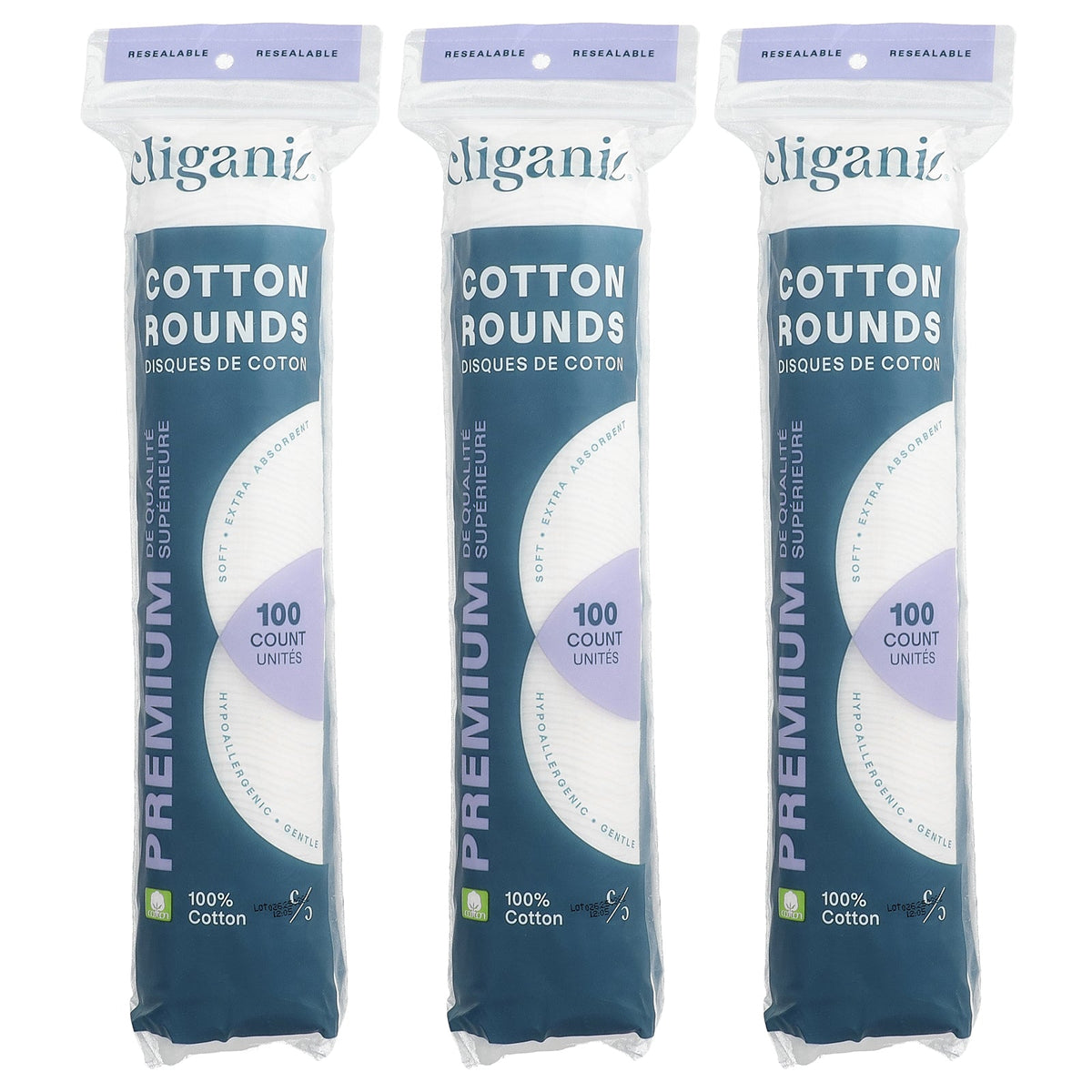 Cliganic, Premium Cotton Rounds, 3 Packs, 100 Count Each