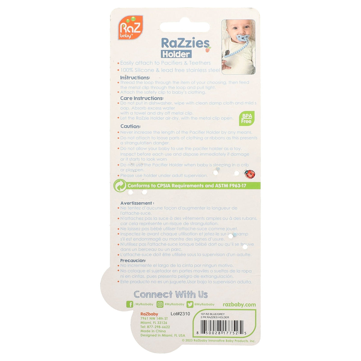RaZbaby, RaZzies Pacifier Holder, 0m+, Blue/Grey, 2 Holders