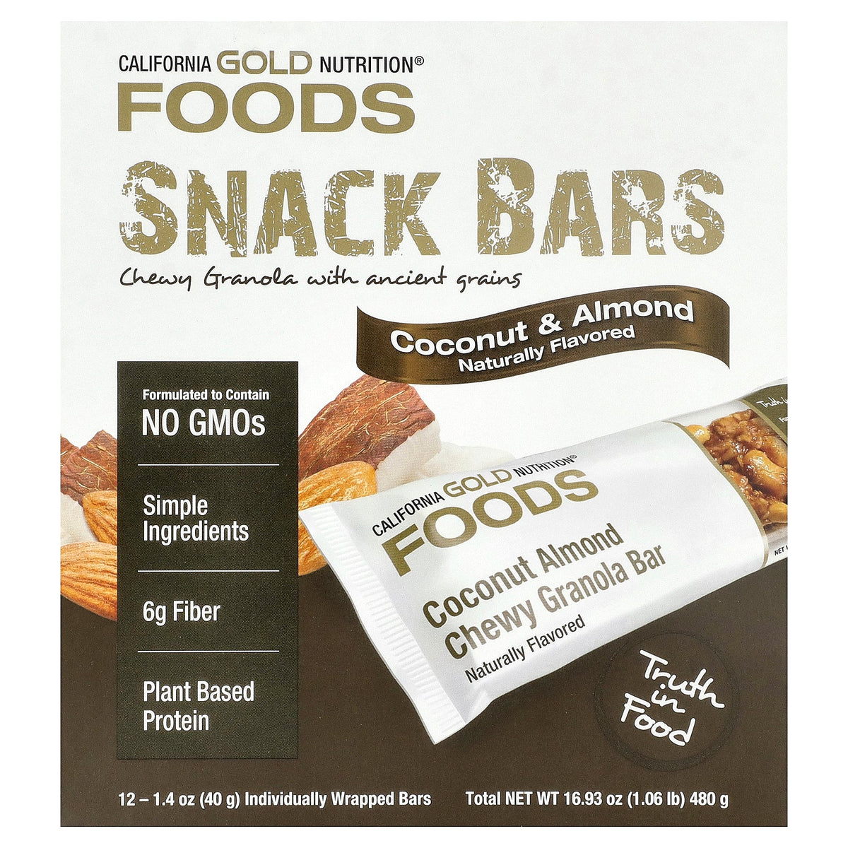 California Gold Nutrition, Foods, Coconut Almond Chewy Granola Bars, 12 Bars, 1.4 oz (40 g) Each
