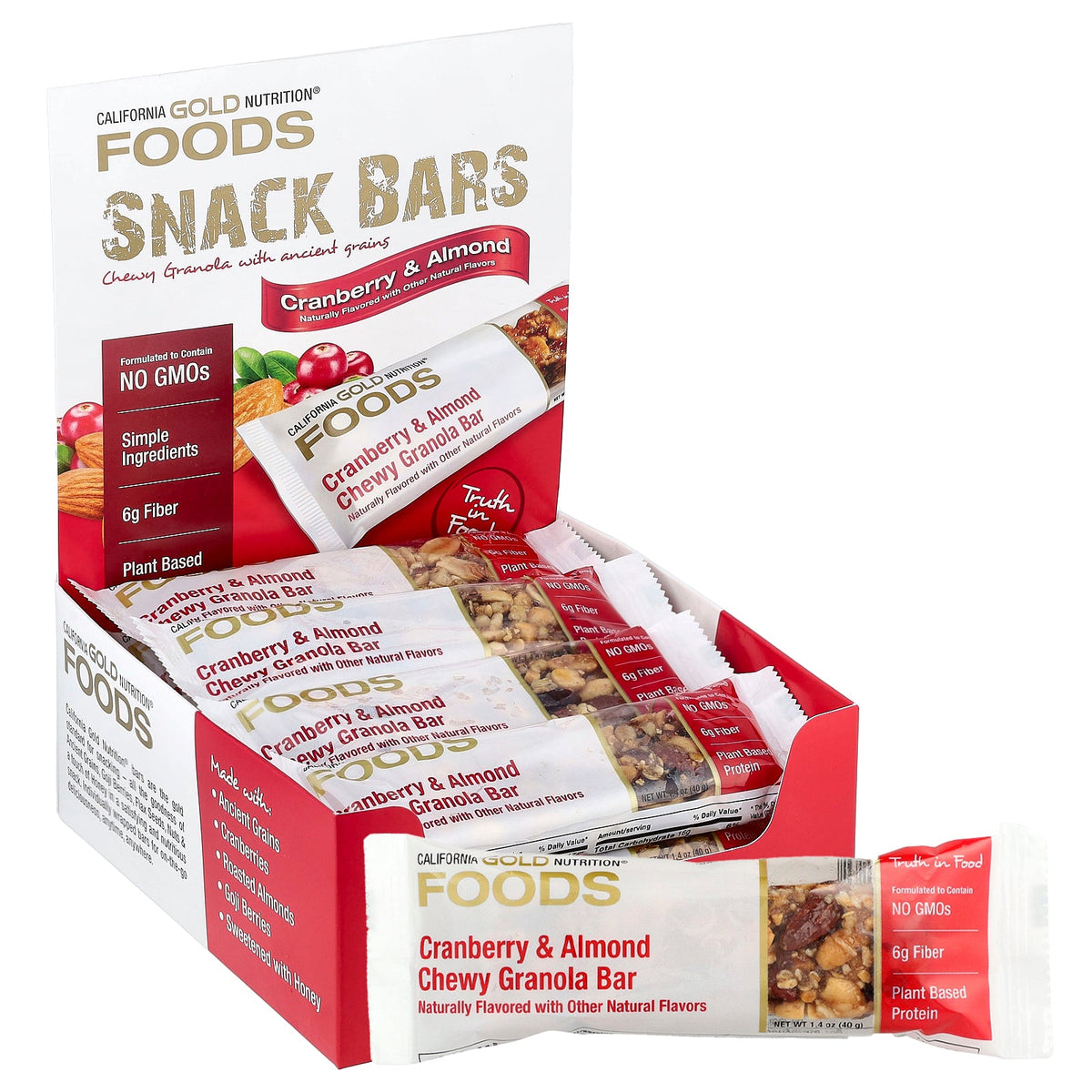 California Gold Nutrition, Foods, Cranberry & Almond Chewy Granola Bars, 12 Bars, 1.4 oz (40 g) Each