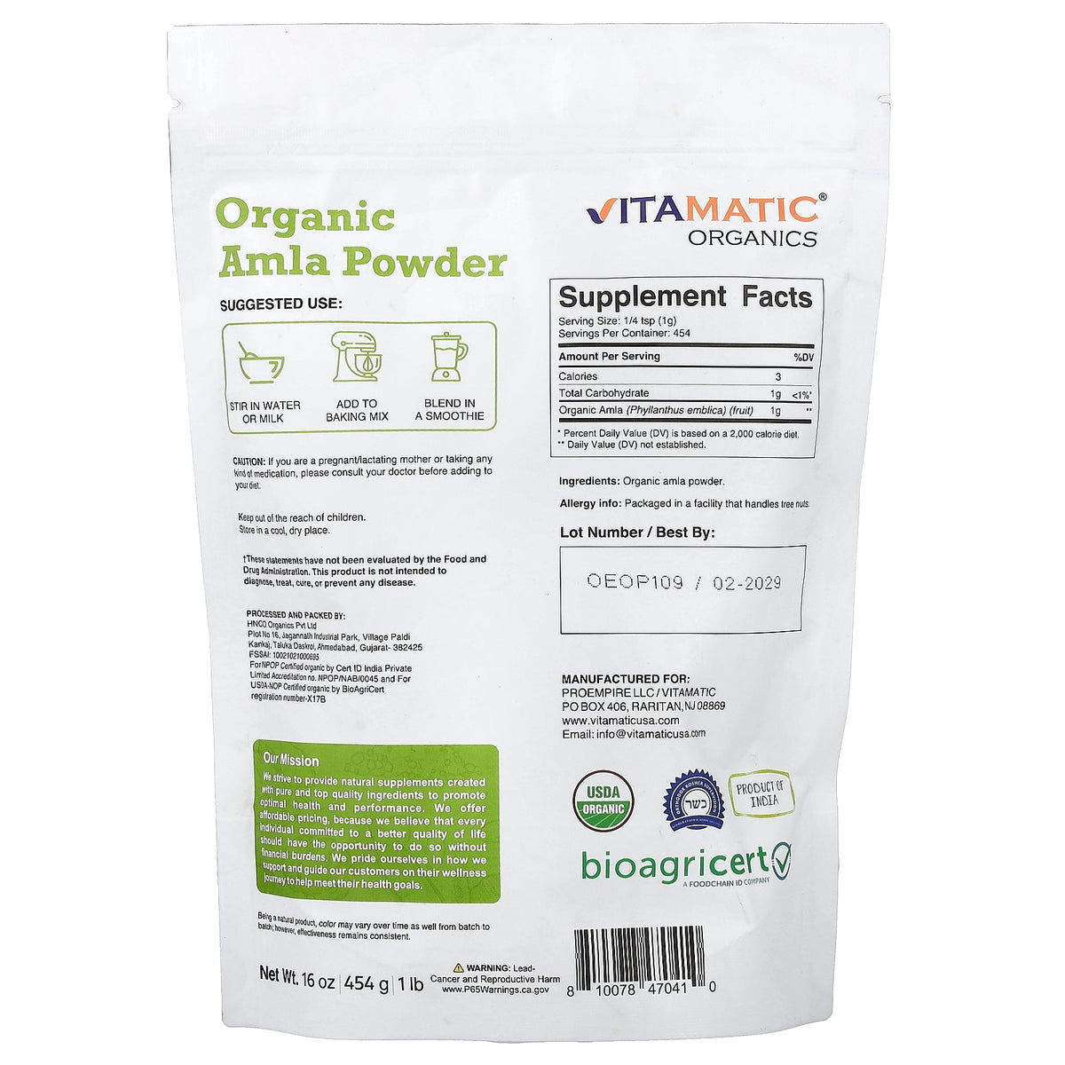 Vitamatic, Organic Amla Powder, 16 oz (454 g)