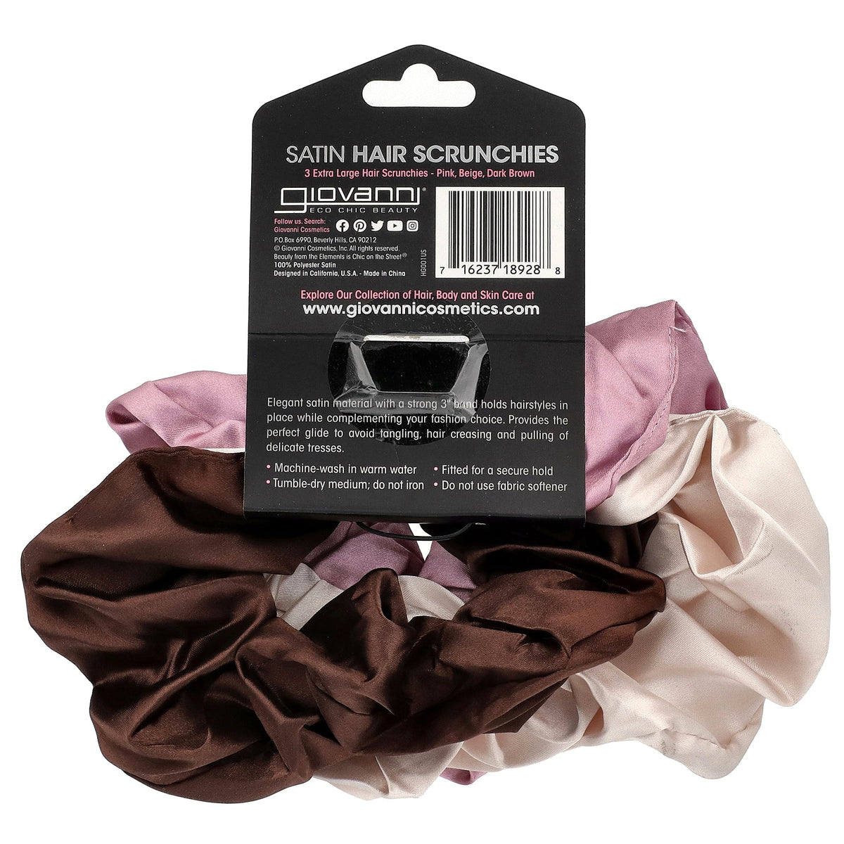 Giovanni, Satin Hair Scrunchies, Extra Large, Pink, Beige, Dark Brown, 3 Scrunchies
