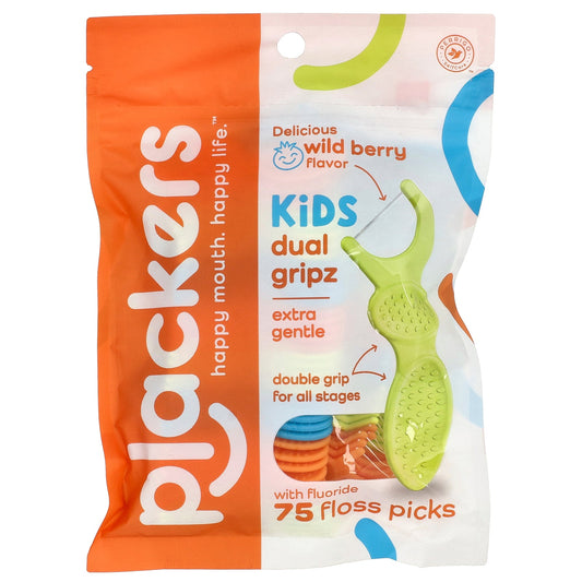 Plackers, Kid's Dual Gripz, Extra Gentle with Fluoride, Wild Berry, 75 Floss Picks