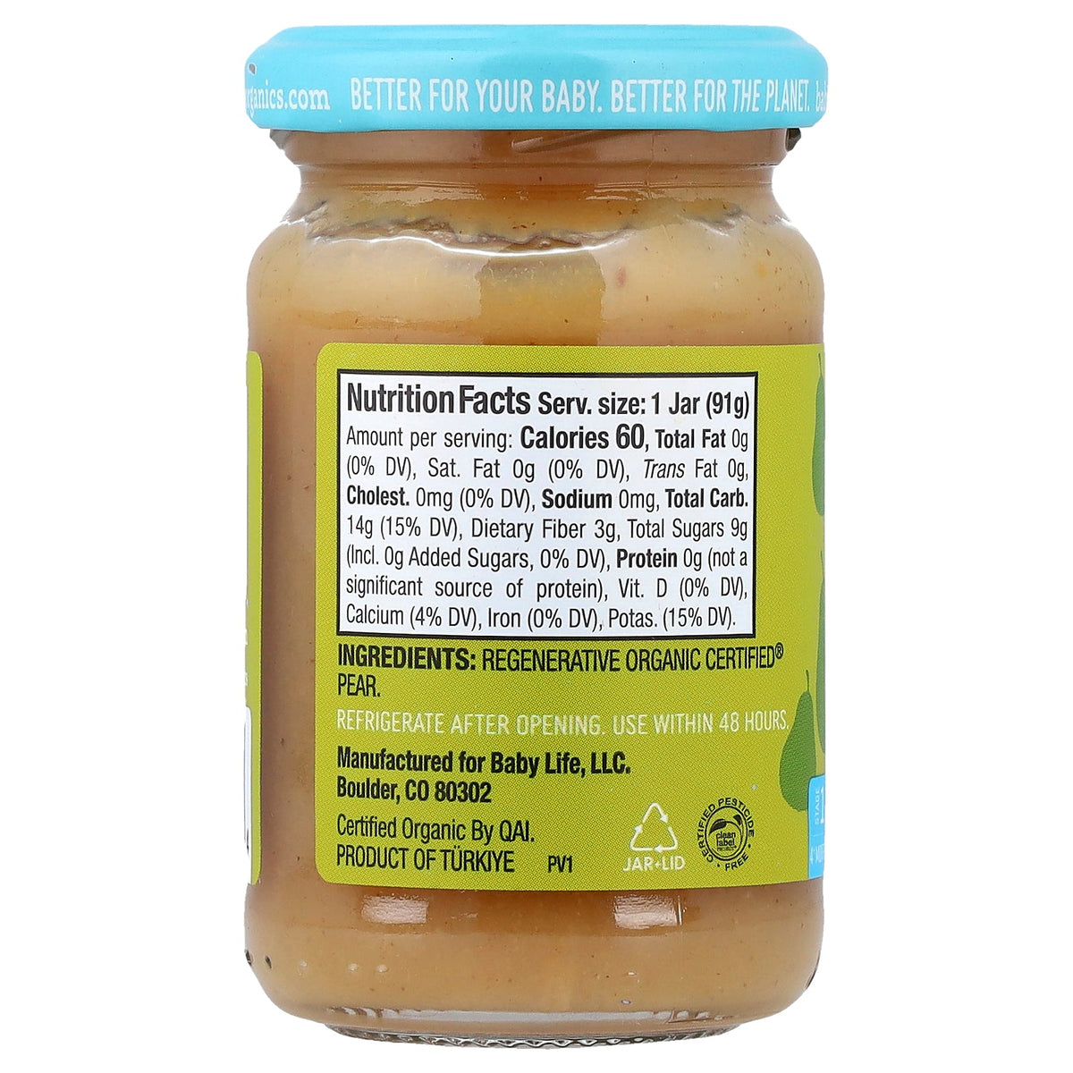 BabyLife Organics, Baby Food, 4+ Months, Pear, 12 Jars, 3.2 oz (91 g) Each