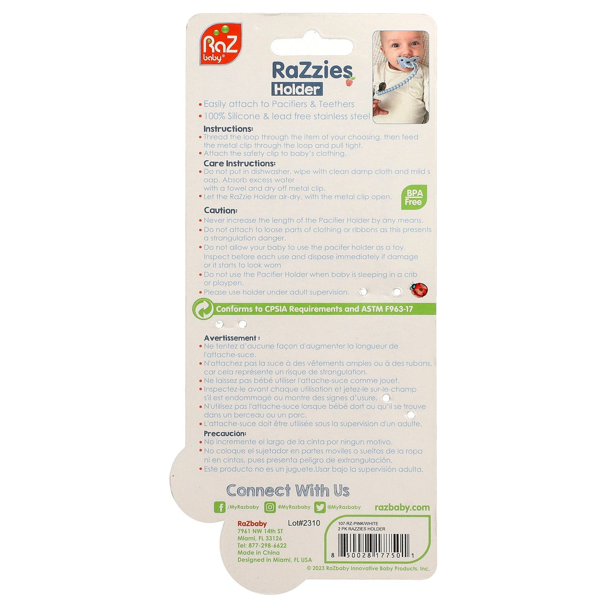 RaZbaby, RaZzies Pacifier Holder, 0m+, Pink/Beige, 2 Holders