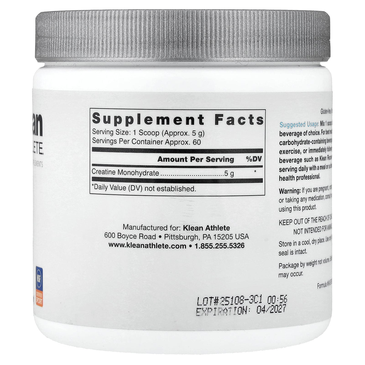 Klean Athlete Nutritional Supplements, Klean Creatine, 11.1 oz (315 g)