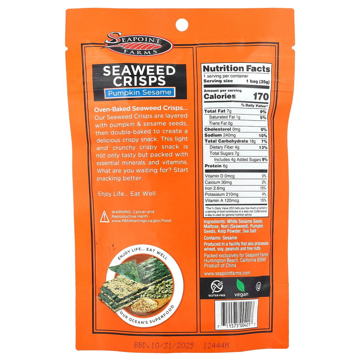 Seapoint Farms, Seaweed Crisps, Pumpkin Sesame, 1.2 oz (35 g)