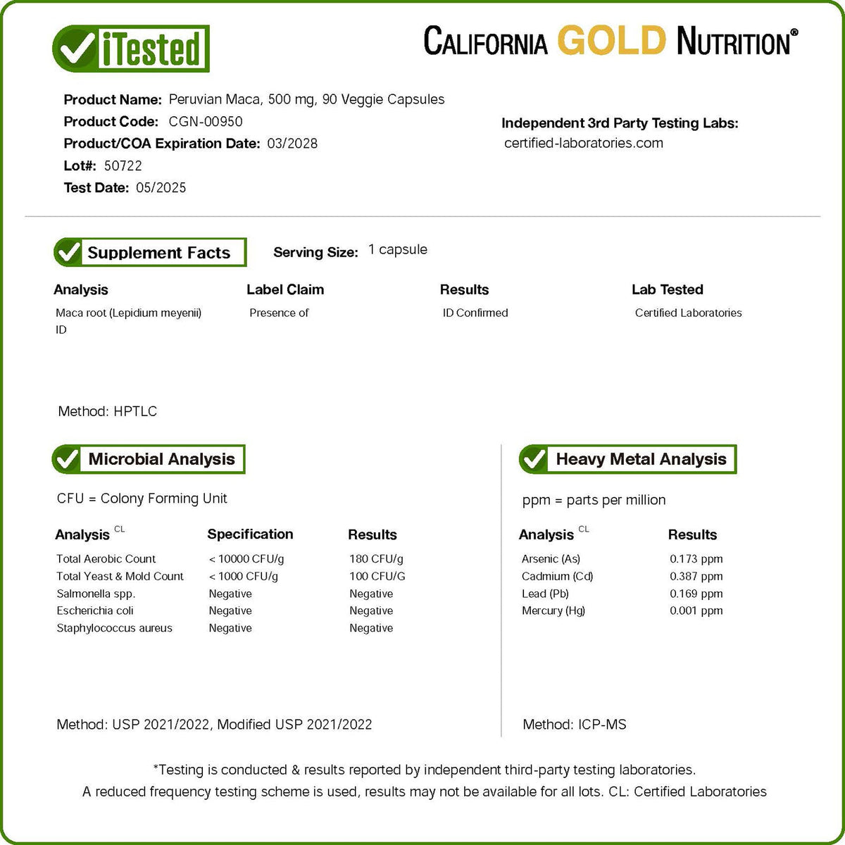 California Gold Nutrition, Peruvian Maca, 500 mg, 240 Veggie Capsules